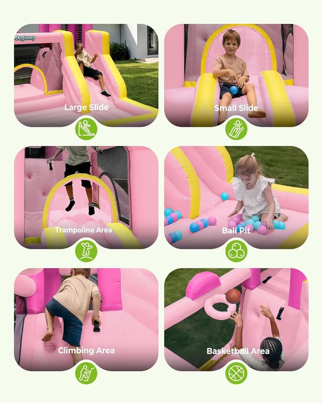 Detalle de Outfunny Inflatable Bouncy Castle with Slide, Bounce House for Children 3–12 (450W Blower) – Pink