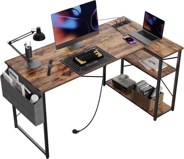 Thumbnail 6 de BEXEVUE Small L-Shaped Desk with Power Outlets, 100x70 cm corner workstation with reversible storage shelves (beige)