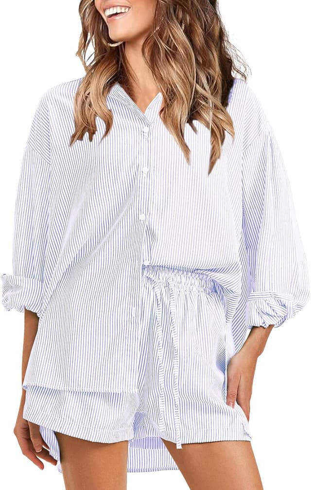Detalle de EXLURA Women’s Cotton Summer 2-Piece Set (Long Sleeve Button-Down Shirt + High-Waist Shorts)