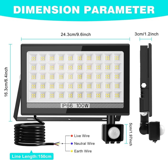 Detalle 2 de T-SUN Faretto LED da esterno con sensore di movimento 100W (2 pezzi), IP66, 6.000K bianco freddo
