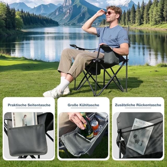Thumbnail 3 de RELAX FIELD faltbarer Campingstuhl mit hoher Rückenlehne, bis 200 kg, Getränkehalter und Kühltasche (Grau)