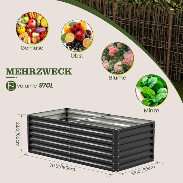 Detalle de Amopatio Hochbeet Metall (180 x 90 x 60 cm) – verzinktes Pflanzbeet-Kit, 970-l für Gemüse, Kräuter & Blumen
