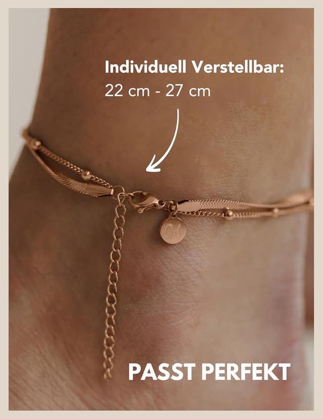 Detalle de Gd. GOOD.designs Fußkettchen für Damen (Mehrreihig) – verstellbar 22–27 cm, wasserfest, 316L Edelstahl in Gold/Silber/Rosegold/Schwarz