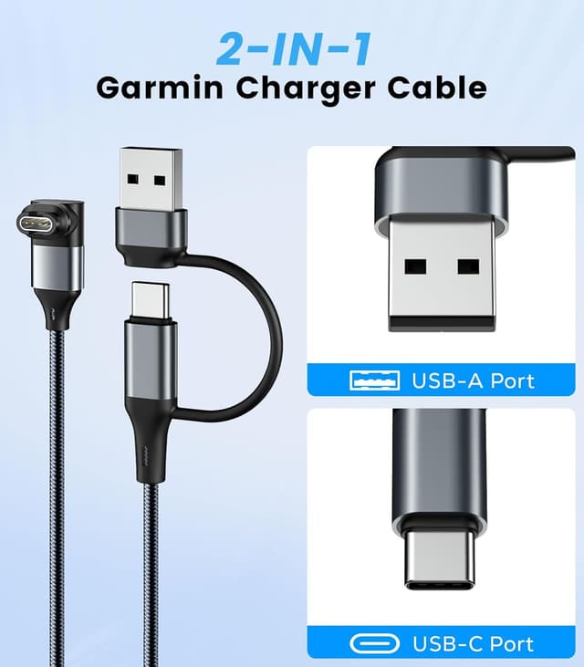 Detalle de MoKo 2-in-1 Charger Cable (2 Pack) for Garmin Watches – USB-C/USB-A adapters with right-angle TPE cable, Gray