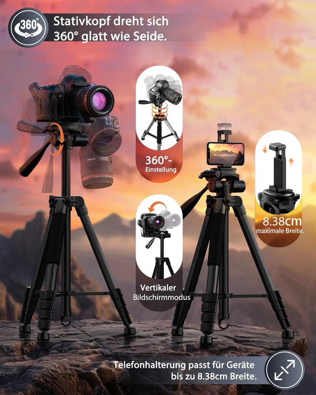 Detalle de SHUTSMI 184 cm Kamerastativ (leicht, 360° Kugelkopf) mit Tragetasche