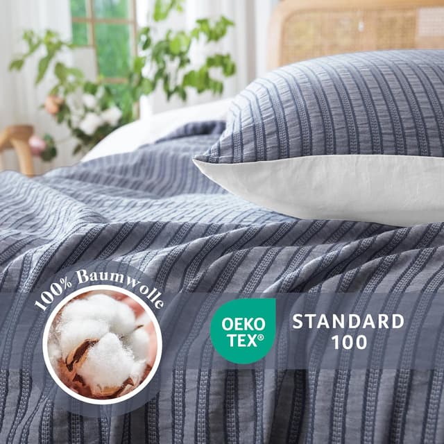 Detalle de SOULFUL Bettwäsche-Set 155x220 aus Baumwolle gestreift (Jacquard), 1x 155x220 + 1x 80x80, marineblau