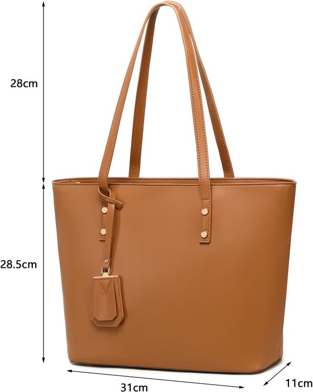 Detalle de MORGLOVE Women’s Soft Faux Leather Large Tote Bag (Zip, Brown) for School & Work