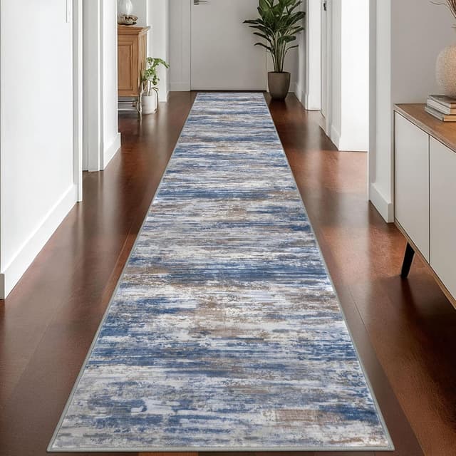 Detalle de KOZYFLY Modern Abstract Washable Rug Runner, 2.6x16 Non-Slip Hallway Runner in Blue Rust Stripes