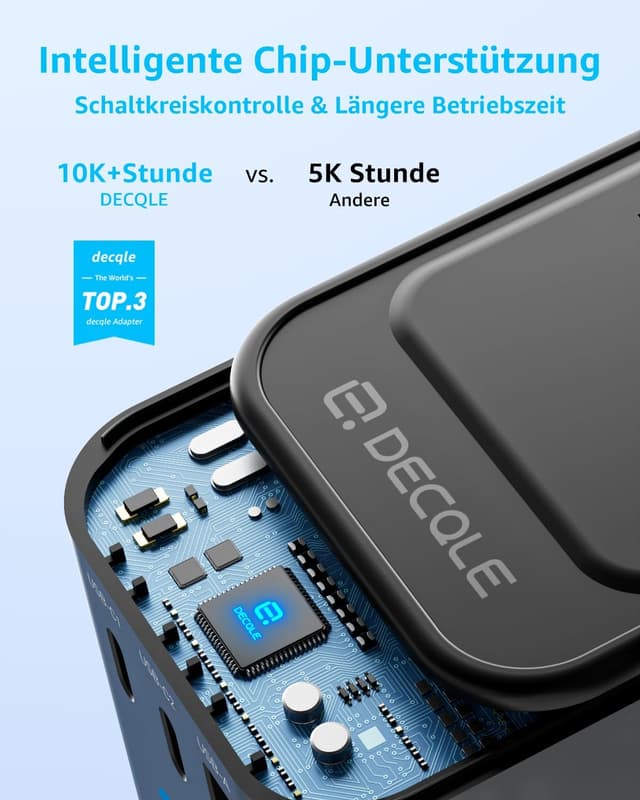Detalle de decqle Reiseadapter Weltweit mit 2× USB‑C, 1× USB‑A & Universal‑Steckdose für EU/UK/US/AU (Schwarz)