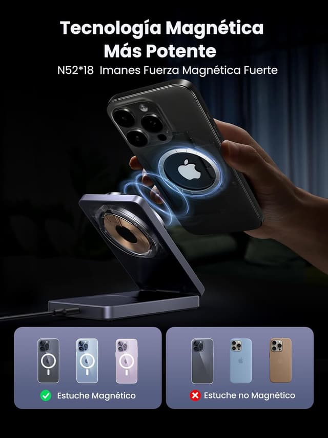 Detalle de UGREEN MagFlow Cargador Inalámbrico Magnético 2 en 1 ⚡