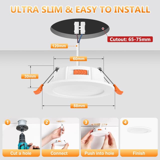 Detalle de YindaLux LED-Einbaustrahler 230 V dimmbar 5 W (3CCT, 6er-Set) – ultraflach, IP44 für Bad