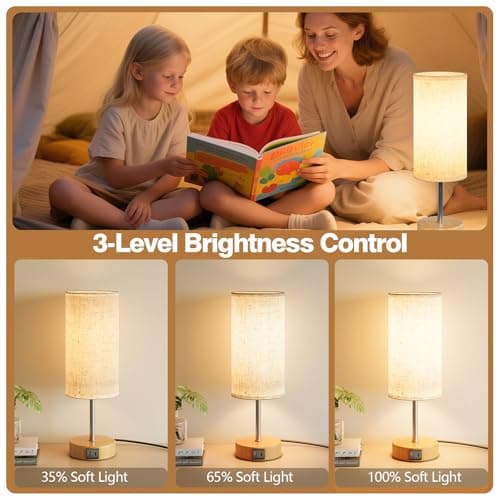 Thumbnail 2 de UPXNBOR Lámpara de Mesita de Noche Control Táctil con Puertos de Carga USB-A y USB-C, Regulable en 3 Niveles, Pantalla de Lino, Lámpara de Mesa Pequeña, con Cable de 1,5 m (Bombilla E27 Incluida)