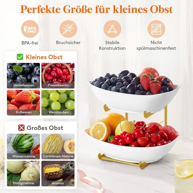 Detalle 2 de Lifewit Obst-Etagere mit 2 Etagen und Metallständer – Obstschalen aus PET, weiß & goldfarben