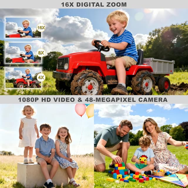 Detalle 2 de Digital Camera with Dual Screen (2.4-inch front & rear) – 1080P FHD / 44MP, 16X Zoom, anti-shake, 32GB card (Black)