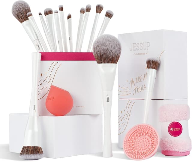 Detalle de Set Jessup de 14 pinceaux maquillage (fond de teint, poudre, blush, yeux) + éponge + tapis de nettoyage