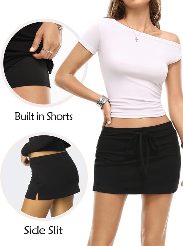 Detalle de Danysu Stretchy Mini Skort (Low Waist) with Shorts, Side Slit and Adjustable Drawstring