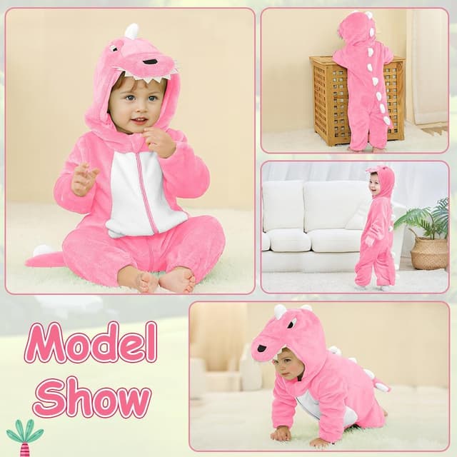 Detalle de DiULi dinosaur flannel hooded romper (winter one-piece with front zip) for baby boys and girls