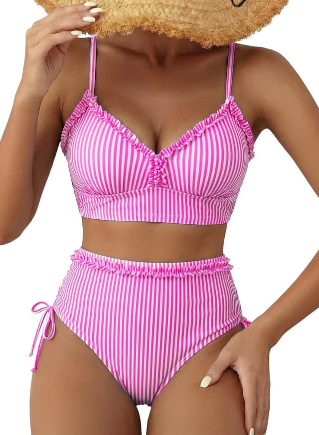Detalle de Herseas Women’s Splice Ruffle Trim Tie-Side High-Waisted Bikini Set