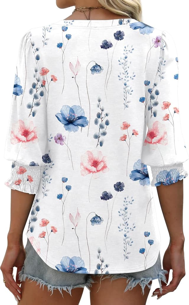 Detalle 2 de Aokosor Womens 3/4 Sleeve V-Neck Blouses Puff Sleeve Tunic Top with Smocked Cuffs