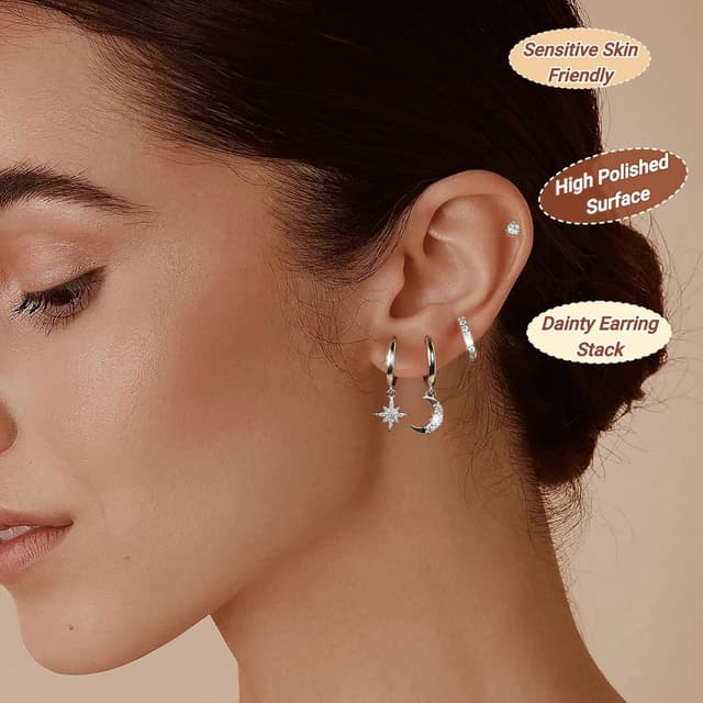 Detalle de Macachii 3 paires de boucles d’oreilles femme en argent 925 plaqué or 14K – mini créoles, étoiles et lunes