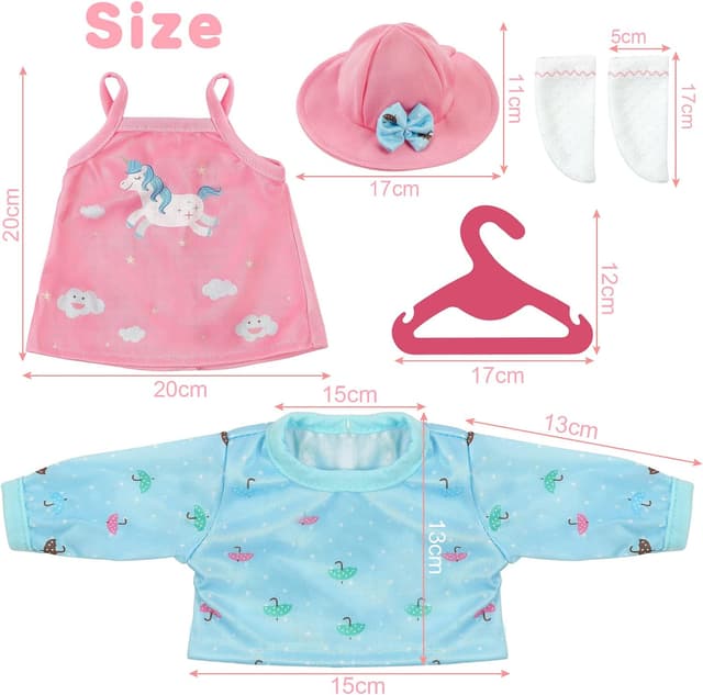 Detalle 2 de Aolso vestiti per bambole New Born Baby Doll (35–45 cm) con abito rosa e blu, cappello, calzini e gruccia