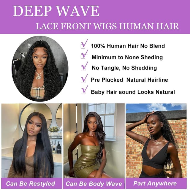 Detalle 2 de 30 Inch Deep Wave 13x6 HD Lace Front Wig (12A Brazilian Virgin Human Hair) Glueless