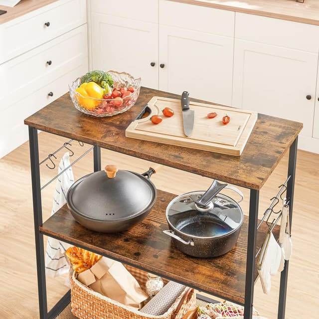 Detalle de VASAGLE Scaffale da Cucina per microonde e forno KKI002B01, 3 ripiani aperti, 6 ganci, 80 x 40 x 90 cm