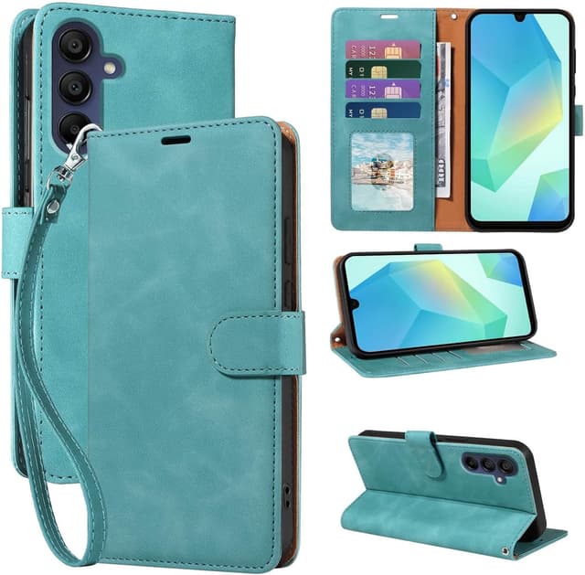 Detalle de GOTOURED Handyhülle für Samsung Galaxy A16 mit Klappfunktion, RFID-Blockierung, Kartenfächern, Magnetverschluss, Tragegurt und Ständer (Grün)