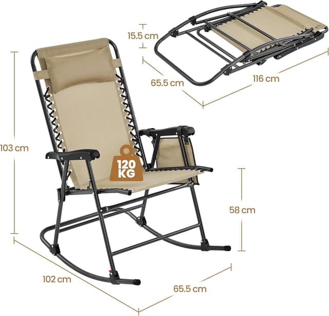 Detalle de Yaheetech sedia a dondolo reclinabile pieghevole da esterno Beige con braccioli e poggiatesta, portata 120 kg