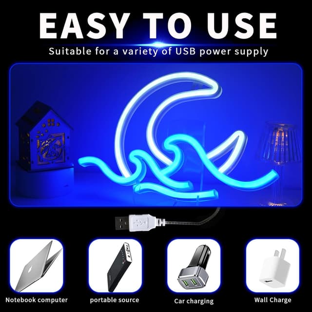 Detalle 2 de WIOSOUL Moon Wave Neonschild – blauer Mond über Meer als LED-Wandleuchte (USB oder 3×AA, 29,5 × 18 cm)