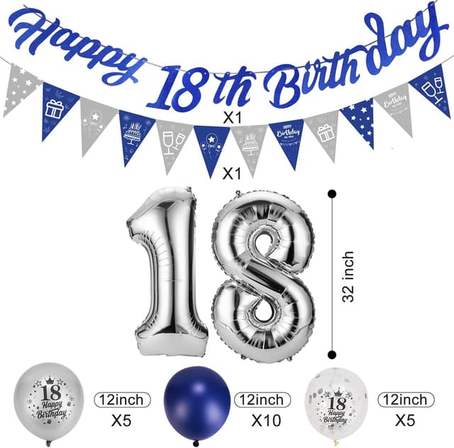 Detalle de Afirbeone 18th Birthday Decorations (Navy Blue & Silver) — Happy 18th Banner, Triangle Flags, Confetti & Foil Balloons