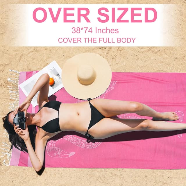 Detalle de Genovega 2-Pack Cotton Oversized Turkish Beach Towels (Quick-Dry, Sand-Free, XL Travel Towel Blanket)