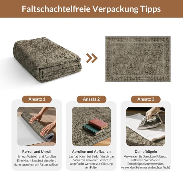 Detalle de Tapis BEIMO Salon 180x270 cm style vintage sauge, antidérapant et lavable en machine