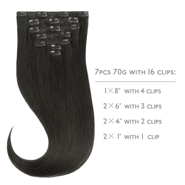 Detalle 2 de WENNALIFE Clip-in Echthaar Extensions, 70 g (7 Stück) in natürliches Schwarz – mit 16 Clips