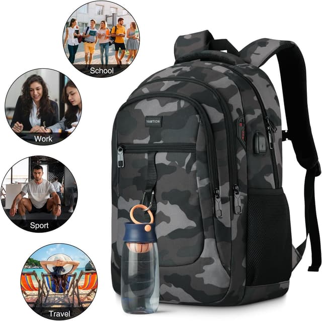 Detalle 2 de YAMTION sac à dos scolaire 17,3" imperméable avec compartiment ordinateur et port USB