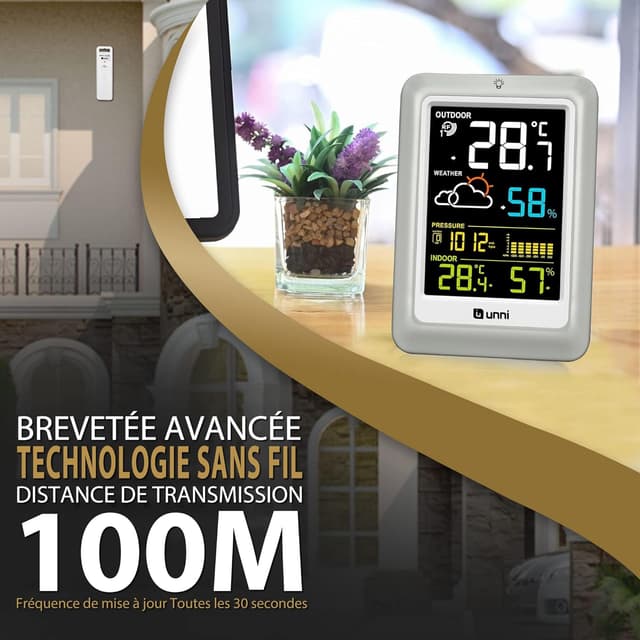 Detalle de Station météo sans fil avec écran couleur Unni (02CS) : capteur extérieur jusqu’à 100 m, baromètre et rétroéclairage réglable