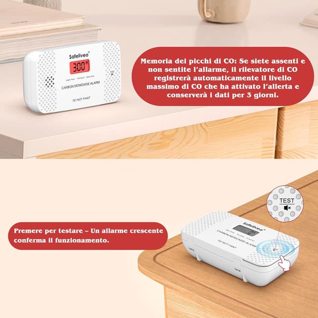 Detalle de Safeliveo Rilevatore di monossido di carbonio con schermo LCD e sensore CO, batteria sostituibile (EN 50291-2 pezzo)