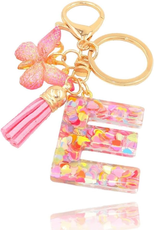 Detalle 2 de ZYMGUO Portachiavi donna con iniziale rosa e farfalla, personalizzato (26 lettere) con nappine: idea regalo per sorelle e amicizia