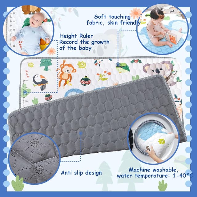 Detalle de Funsland Large Baby Play Mat (200x180cm) – foldable waterproof cotton playpen mat