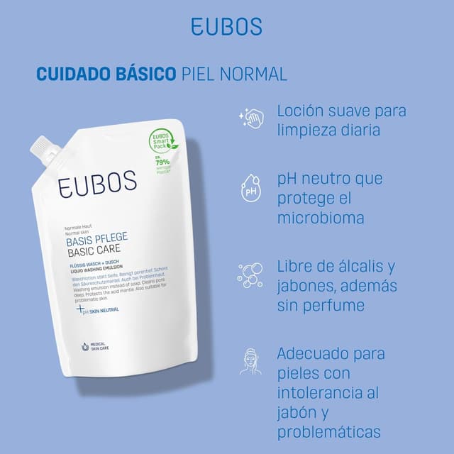 Detalle de Eubos Flüssig blau Nachfüllbeutel sans parfum – recharge dermocosmétique pour peaux sensibles, 400 ml