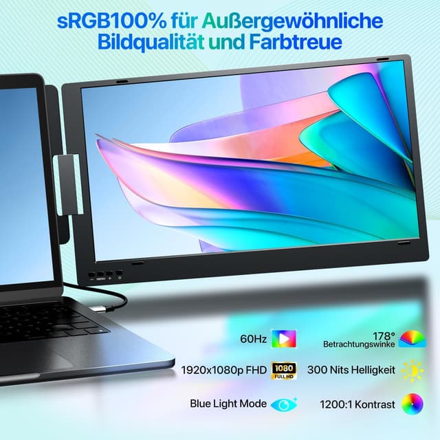 Detalle de KPKUE 15,6" Laptop-Bildschirm-Erweiterung für Triple-Screen-Setups (FHD/IPS) per USB-C oder USB-A