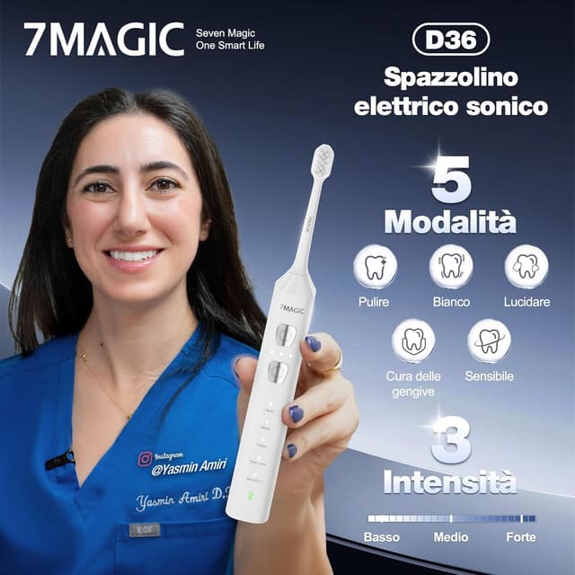 Detalle 2 de Spazzolino elettrico sonico 7MAGIC con 3 intensità, 5 modalità e timer da 2 minuti (IPX7) – autonomia 180 giorni