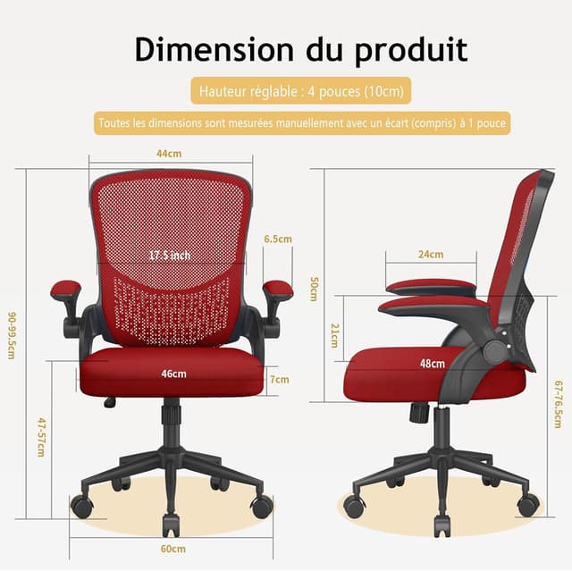 Detalle de Naspaluro chaise de bureau ergonomique avec accoudoirs rabattables à 90°, soutien lombaire et assise pivotante 360° (rouge sombre)
