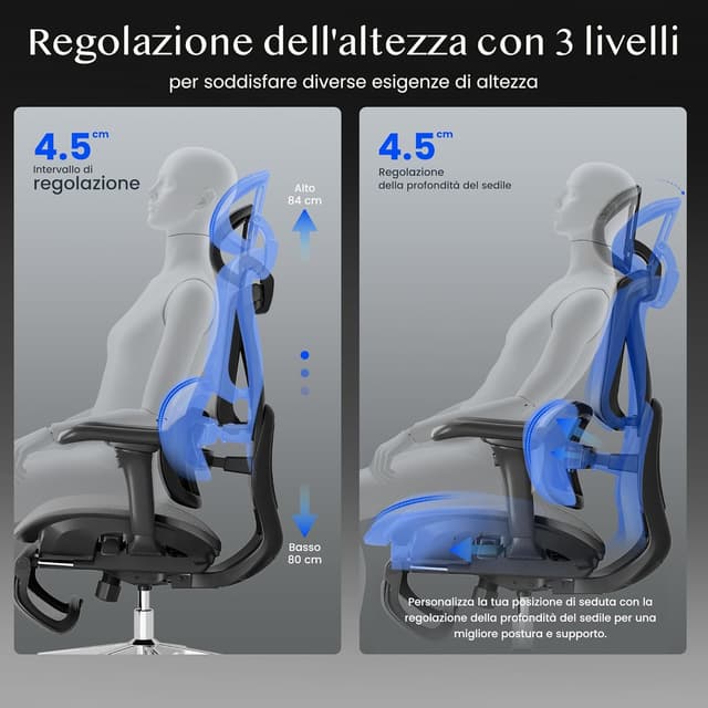 Detalle de FLEXISPOT Sedia ergonomica da ufficio con supporto lombare Dual-Wing, poggiatesta 3D e poggiapiedi estraibile (Nero)