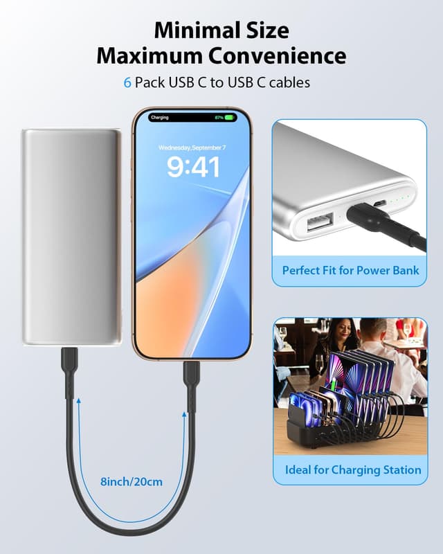 Detalle 2 de SOOPII 6-Pack USB-C to USB-C Short Cables (8 inch/0.7 ft), 60W fast charging – Black