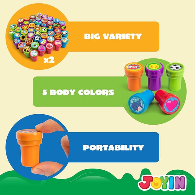 Detalle 2 de JOYIN Kinder-Stempel-Set (100 Stück) mit selbstfärbenden Mini-Stempeln – 50 Motive für Ostereier & Mitgebsel