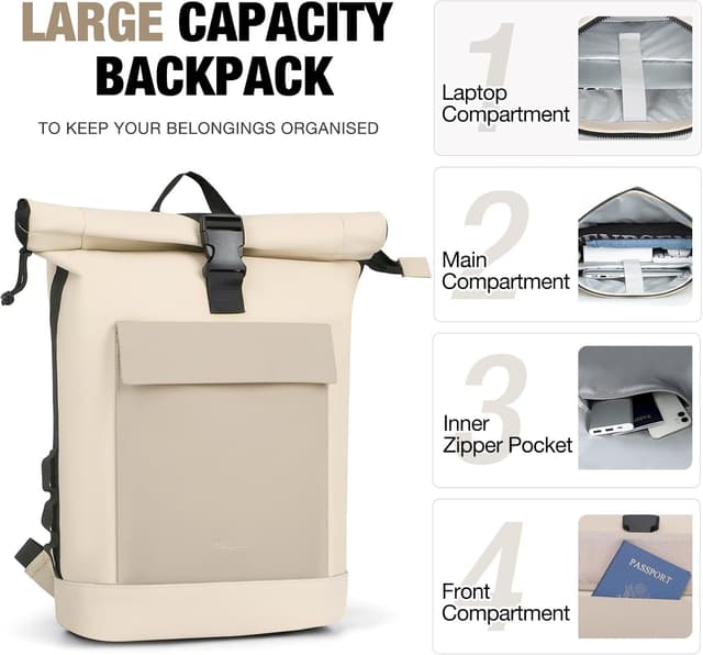 Detalle 2 de Lekeinchi rolltop backpack for men and women (pink) – waterproof laptop bag for up to 17 inch