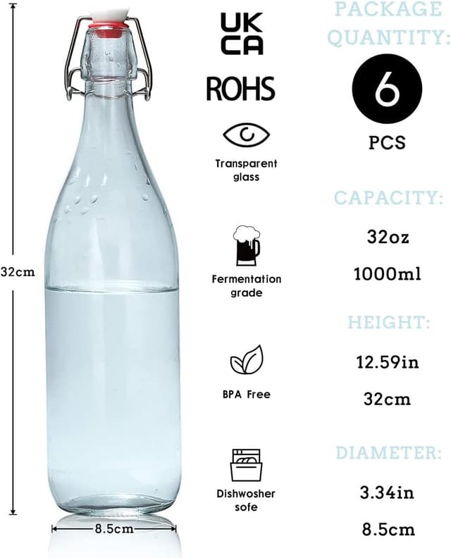 Detalle de Danmu Art 6PCS Glass Bottles with Swing Top (1000ml) – airtight preserve bottles for home brewing and pantry storage