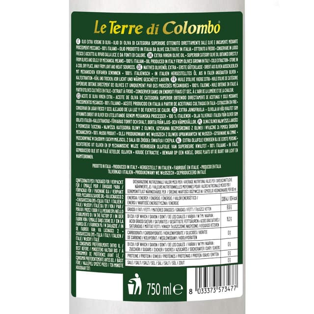 Detalle 2 de Le Terre di Colombo 100% italienisches natives Olivenöl extra (0,75 l) in Flasche mit weißer Papierhülle
