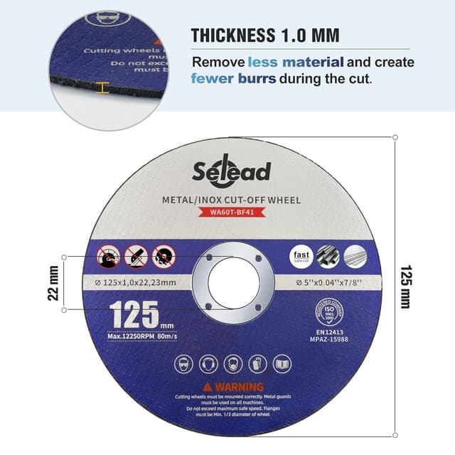 Detalle de Selead 25 PCS 125mm Metal & Stainless Cutting Discs (1.0mm) for Angle Grinders